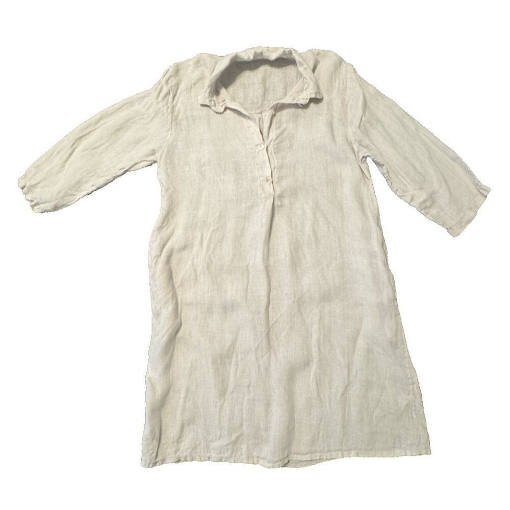 Made in Italy O/S Beige Linen Dress Pockets Buttons Lagenlook Boho Midi Shirt - Picture 8 of 12